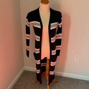 Pink Rose Black and White Striped Long Open-Front Cardigan